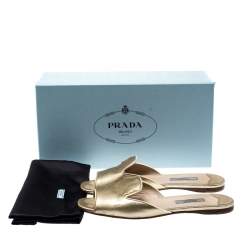 Pre Owned Prada Metallic Gold Saffiano Leather Flat Slides Size 36.5