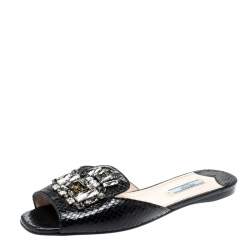 Prada Black Python Embossed Leather Crystal Embellished Flat Slides Size 39.5