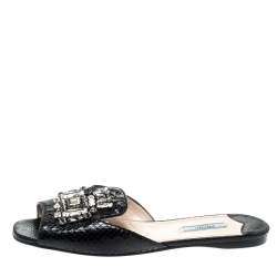 Prada Black Python Embossed Leather Crystal Embellished Flat Slides Size 39.5