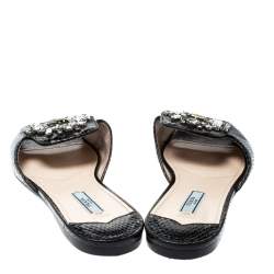 Prada Black Python Embossed Leather Crystal Embellished Flat Slides Size 39.5