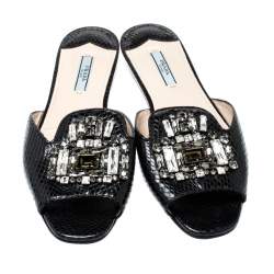 Prada Black Python Embossed Leather Crystal Embellished Flat Slides Size 39.5
