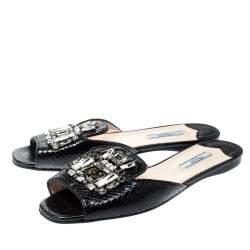 Prada Black Python Embossed Leather Crystal Embellished Flat Slides Size 39.5
