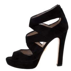Prada Black Suede Cut Out Open Toe Platform Sandals Size 38