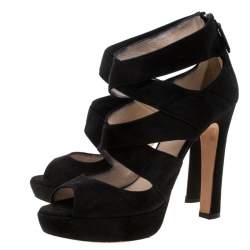 Prada Black Suede Cut Out Open Toe Platform Sandals Size 38