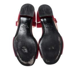 Pre Owned Prada Red Suede Crystal Embellished Ankle Strap Flat Sandals Size 37.5