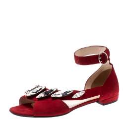 Pre Owned Prada Red Suede Crystal Embellished Ankle Strap Flat Sandals Size 37.5