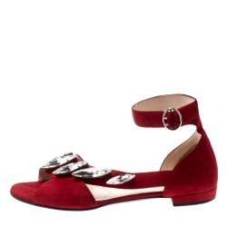 Pre Owned Prada Red Suede Crystal Embellished Ankle Strap Flat Sandals Size 37.5