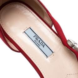 Pre Owned Prada Red Suede Crystal Embellished Ankle Strap Flat Sandals Size 37.5