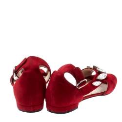 Pre Owned Prada Red Suede Crystal Embellished Ankle Strap Flat Sandals Size 37.5