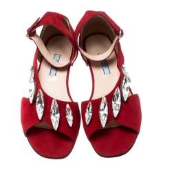 Pre Owned Prada Red Suede Crystal Embellished Ankle Strap Flat Sandals Size 37.5