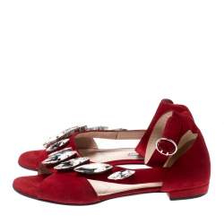Pre Owned Prada Red Suede Crystal Embellished Ankle Strap Flat Sandals Size 37.5