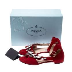 Pre Owned Prada Red Suede Crystal Embellished Ankle Strap Flat Sandals Size 37.5