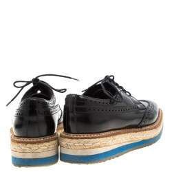 Prada Black Brogue Wingtip Leather Espadrille Derby Size 37.5