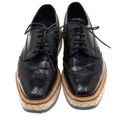 Prada Black Brogue Wingtip Leather Espadrille Derby Size 37.5