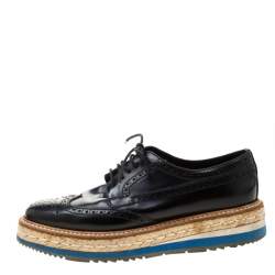 Prada Black Brogue Wingtip Leather Espadrille Derby Size 37.5