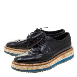 Prada Black Brogue Wingtip Leather Espadrille Derby Size 37.5