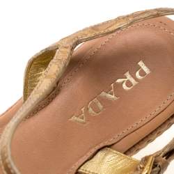 Pre Owned Prada Metallic Gold Croc Embossed Leather Espadrille Wedge Ankle Strap Sandals Size 37.5