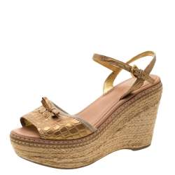 Pre Owned Prada Metallic Gold Croc Embossed Leather Espadrille Wedge Ankle Strap Sandals Size 37.5