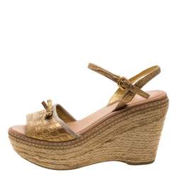 Pre Owned Prada Metallic Gold Croc Embossed Leather Espadrille Wedge Ankle Strap Sandals Size 37.5