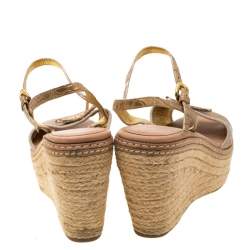 Pre Owned Prada Metallic Gold Croc Embossed Leather Espadrille Wedge Ankle Strap Sandals Size 37.5