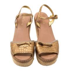 Pre Owned Prada Metallic Gold Croc Embossed Leather Espadrille Wedge Ankle Strap Sandals Size 37.5
