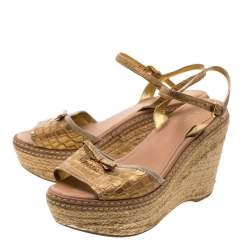Pre Owned Prada Metallic Gold Croc Embossed Leather Espadrille Wedge Ankle Strap Sandals Size 37.5