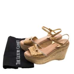 Pre Owned Prada Metallic Gold Croc Embossed Leather Espadrille Wedge Ankle Strap Sandals Size 37.5