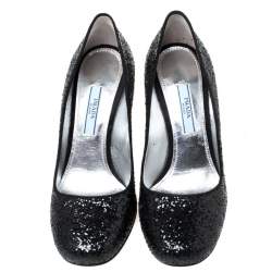 Pre Owned Prada Black Glitter Block Heel Pumps Size 36