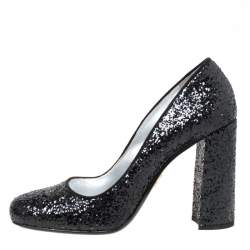 Pre Owned Prada Black Glitter Block Heel Pumps Size 36