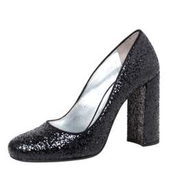 Pre Owned Prada Black Glitter Block Heel Pumps Size 36