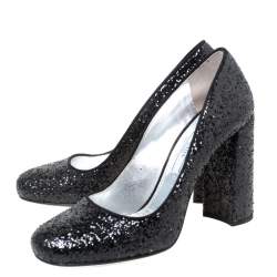 Pre Owned Prada Black Glitter Block Heel Pumps Size 36