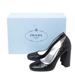 Pre Owned Prada Black Glitter Block Heel Pumps Size 36