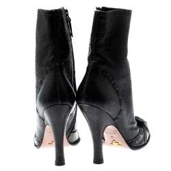 Pre Owned Prada Dark Grey Crackled Leather Bow Detail Mid Calf Boots Size 36