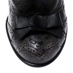 Pre Owned Prada Dark Grey Crackled Leather Bow Detail Mid Calf Boots Size 36