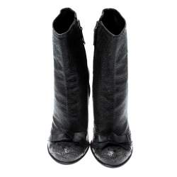 Pre Owned Prada Dark Grey Crackled Leather Bow Detail Mid Calf Boots Size 36