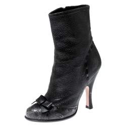 Pre Owned Prada Dark Grey Crackled Leather Bow Detail Mid Calf Boots Size 36