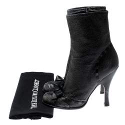 Pre Owned Prada Dark Grey Crackled Leather Bow Detail Mid Calf Boots Size 36