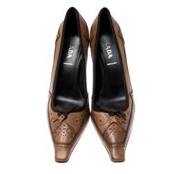 Pre Owned Prada Brown Brogue Leather Pointed Toe Pumps Size 38