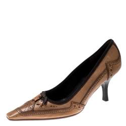 Pre Owned Prada Brown Brogue Leather Pointed Toe Pumps Size 38