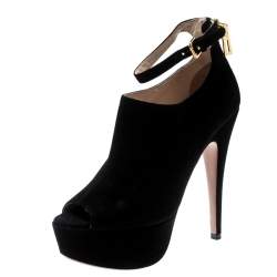 Pre Owned Prada Black Suede Peep Toe Ankle Strap Platform Booties Size 37