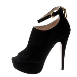 Pre Owned Prada Black Suede Peep Toe Ankle Strap Platform Booties Size 37