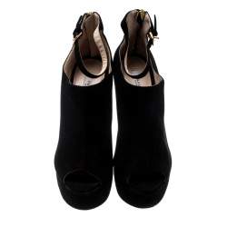 Pre Owned Prada Black Suede Peep Toe Ankle Strap Platform Booties Size 37