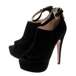 Pre Owned Prada Black Suede Peep Toe Ankle Strap Platform Booties Size 37
