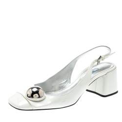 Pre Owned Prada White Patent Leather Metal Embellished Slingback Sandals Size 39.5