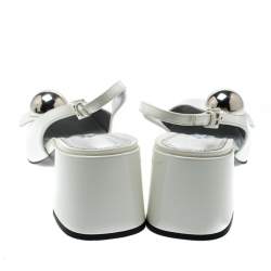 Pre Owned Prada White Patent Leather Metal Embellished Slingback Sandals Size 39.5