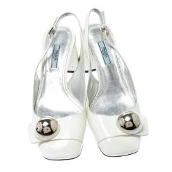 Pre Owned Prada White Patent Leather Metal Embellished Slingback Sandals Size 39.5