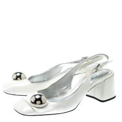Pre Owned Prada White Patent Leather Metal Embellished Slingback Sandals Size 39.5