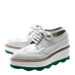 Pre Owned Prada White/Green Brogue Leather Platform Wingtip Lace Up Derby Size 38