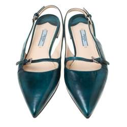 Pre Owned Prada Green Leather Slingback Flat Sandals Size 37