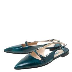 Pre Owned Prada Green Leather Slingback Flat Sandals Size 37